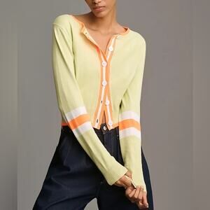 By Anthropologie Women’s Sporty Cardigan Sweater Light Green Neon Orange Stripe